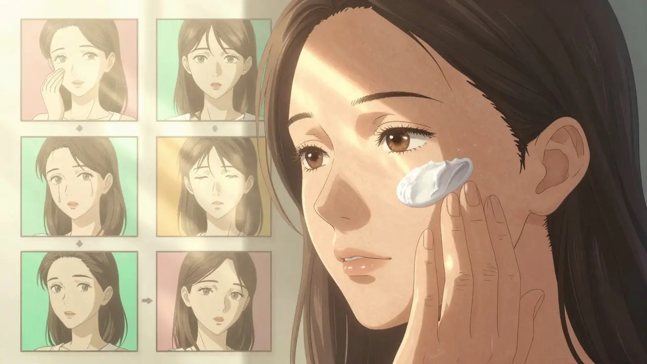 Hand applying gentle sunscreen as sunlight avoids the skin, with a visual timeline of recovery in the background.