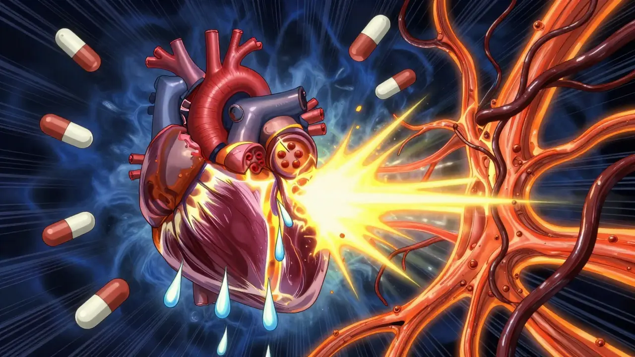 Internal view of a heart with potassium draining into a licorice-root-shaped vortex.