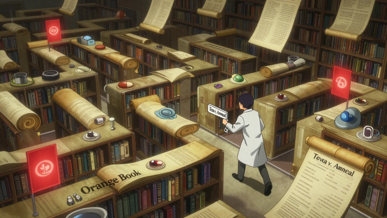 Labyrinth of floating patent scrolls labeled with trivial inventions, a generic manufacturer pushing through with a key labeled &#039;Teva v. Amneal&#039;.