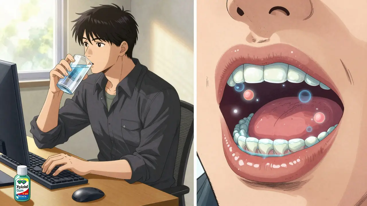 Man’s daily routine showing water sipping and dry mouth products with microscopic saliva protection.