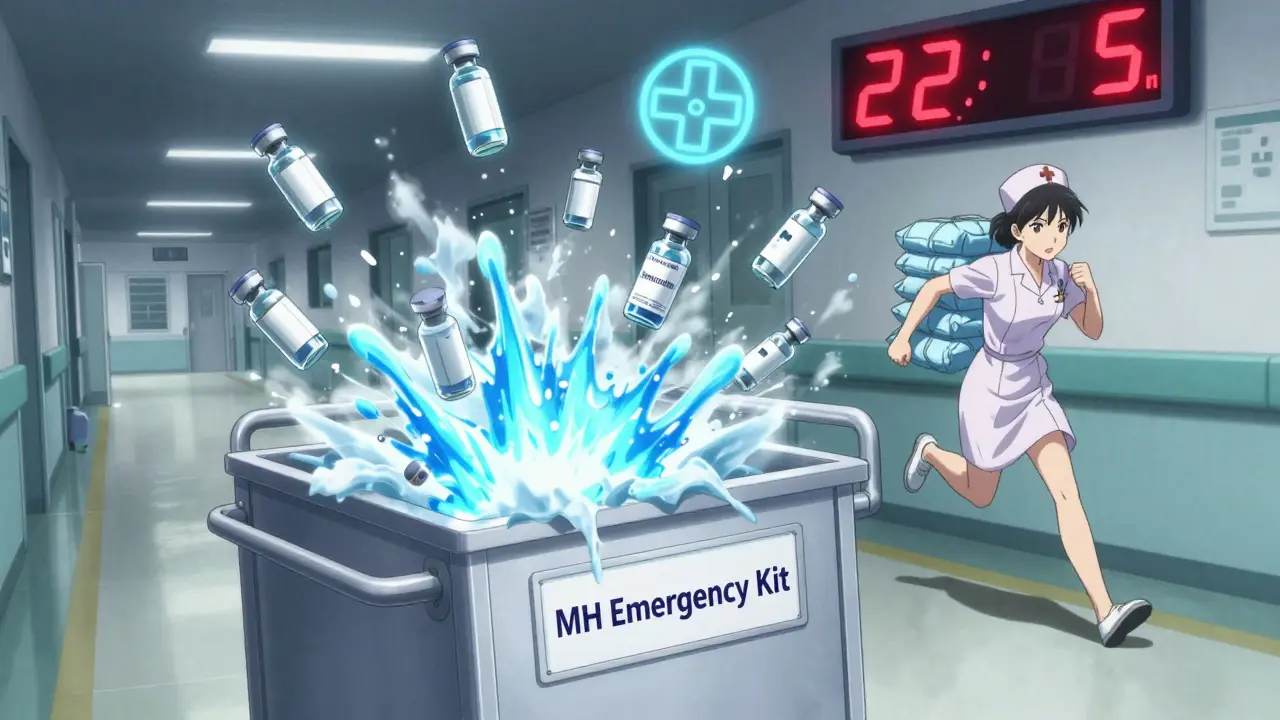 MH emergency cart exploding with dantrolene vials and cooling fluids, nurse sprinting, digital clock showing reduced response time.