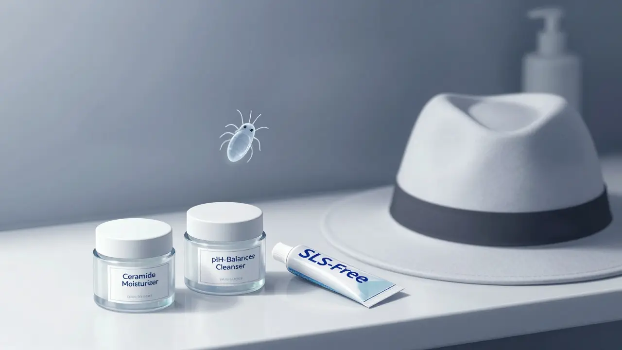 Minimalist skincare items on a counter with a faint Demodex mite floating nearby, symbolizing hidden triggers.
