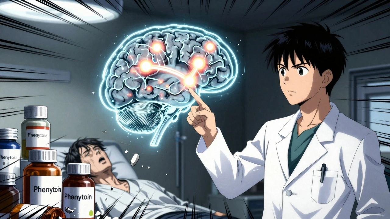 Neurologist pointing at a brain scan with seizure hotspots, generic pills crumbling in background.