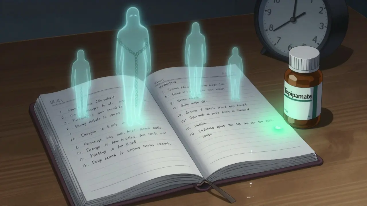 Open headache diary with handwritten entries and ghostly headache figures rising from the pages, a new medication bottle beside it.