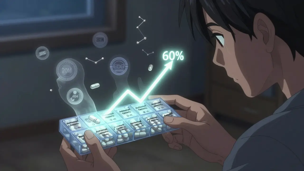 Patient's medication organizer with authorized generic pills and a rising cost-savings graph.