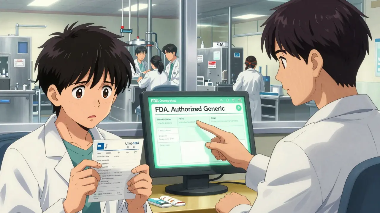 Patient and pharmacist reviewing an FDA Orange Book screen showing authorized generic status.