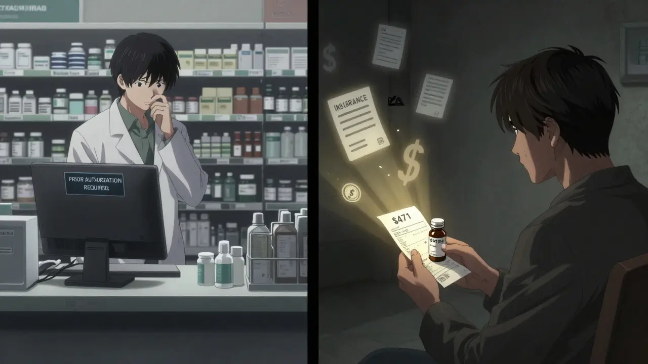 Patient holding expensive brand receipt while generic pill sits small and lonely in dim room.