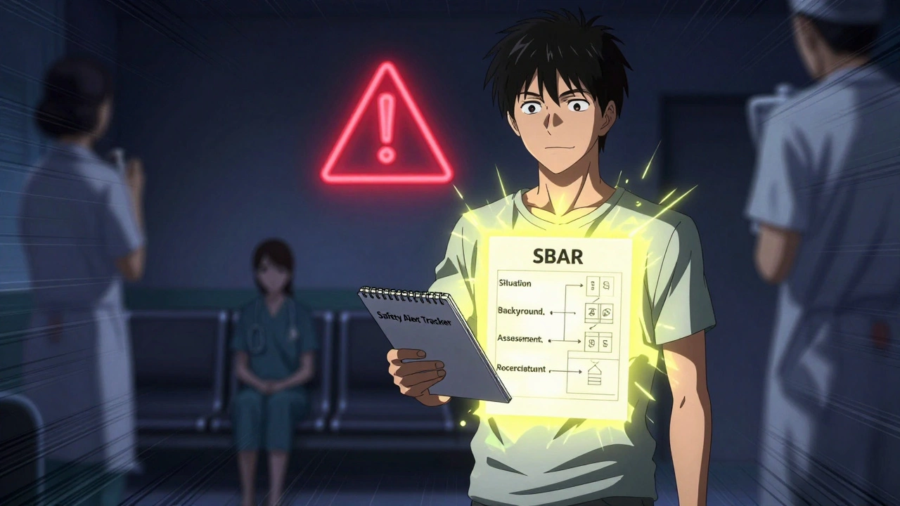 Patient in urgent care holding a symptom tracker, glowing SBAR chart radiating from their chest.