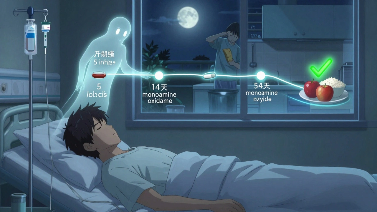 Patient sleeping as a timeline shows enzyme recovery over 14 days, with safe foods glowing green.