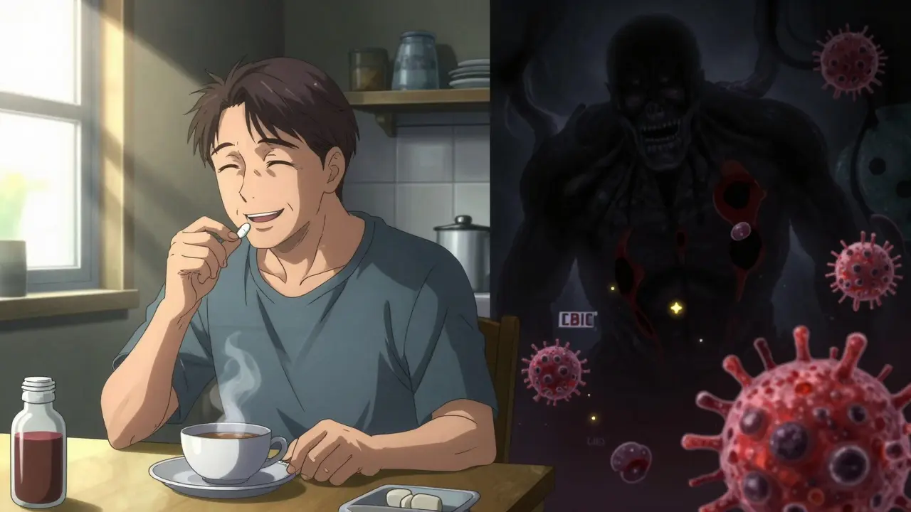 Patient taking oral medication at breakfast while shadowy health risks loom behind in manga style.