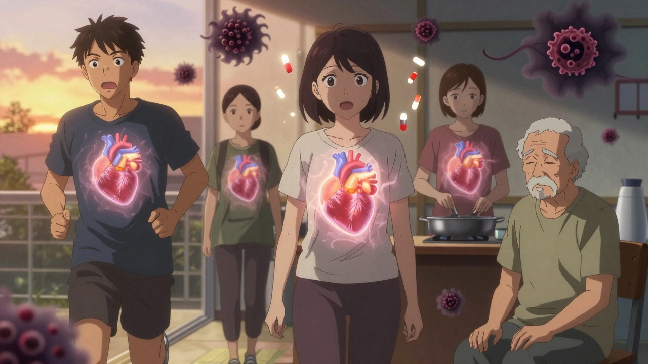 Patients with glowing heart and kidney protection, shadowy risks hovering nearby in everyday scenes.