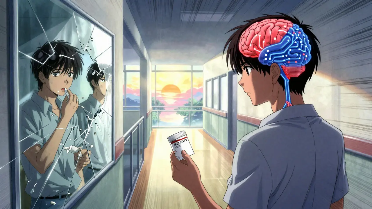 Person holding new prescription as past self is trapped in a pill-popping loop, healing neural pathways glowing ahead.