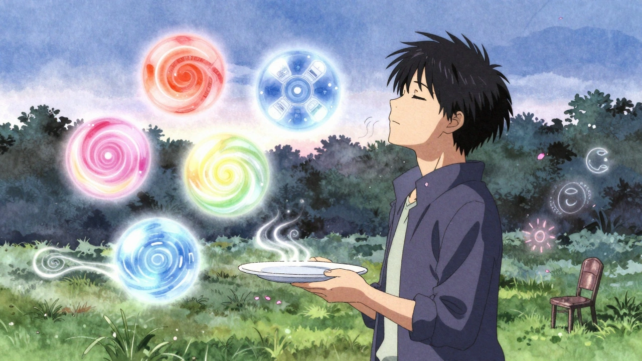 Person in park surrounded by floating sensory orbs, past food triggers dissolving into petals.