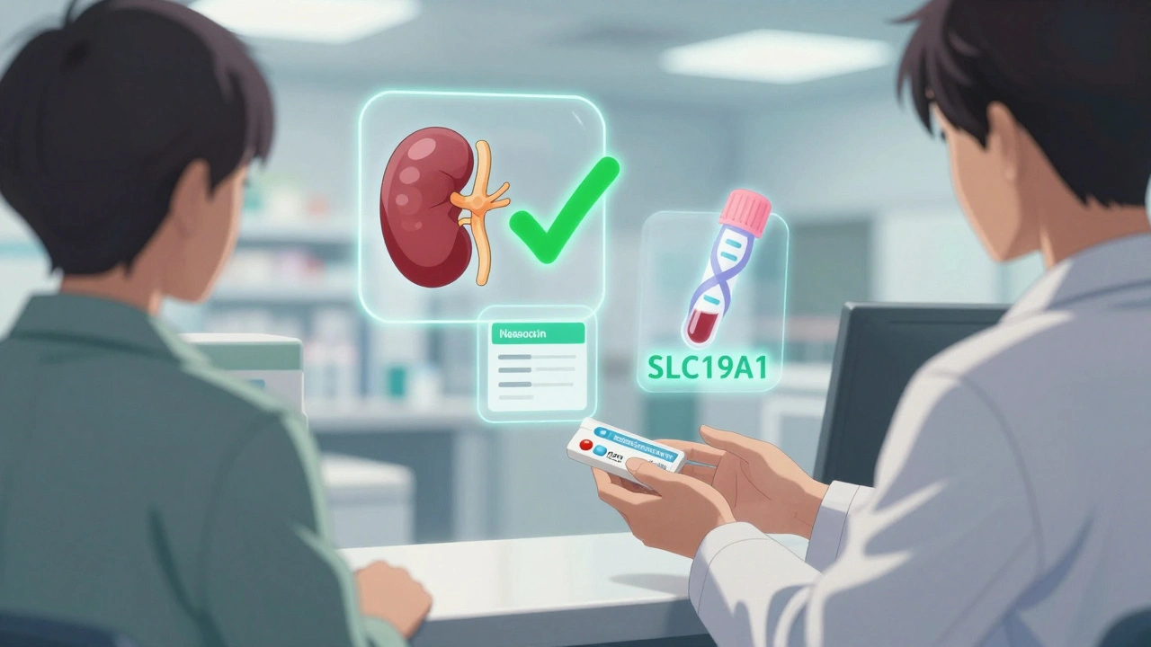 Pharmacist handing celecoxib to a patient, with floating icons of a healthy kidney, blood test, and genetic marker.
