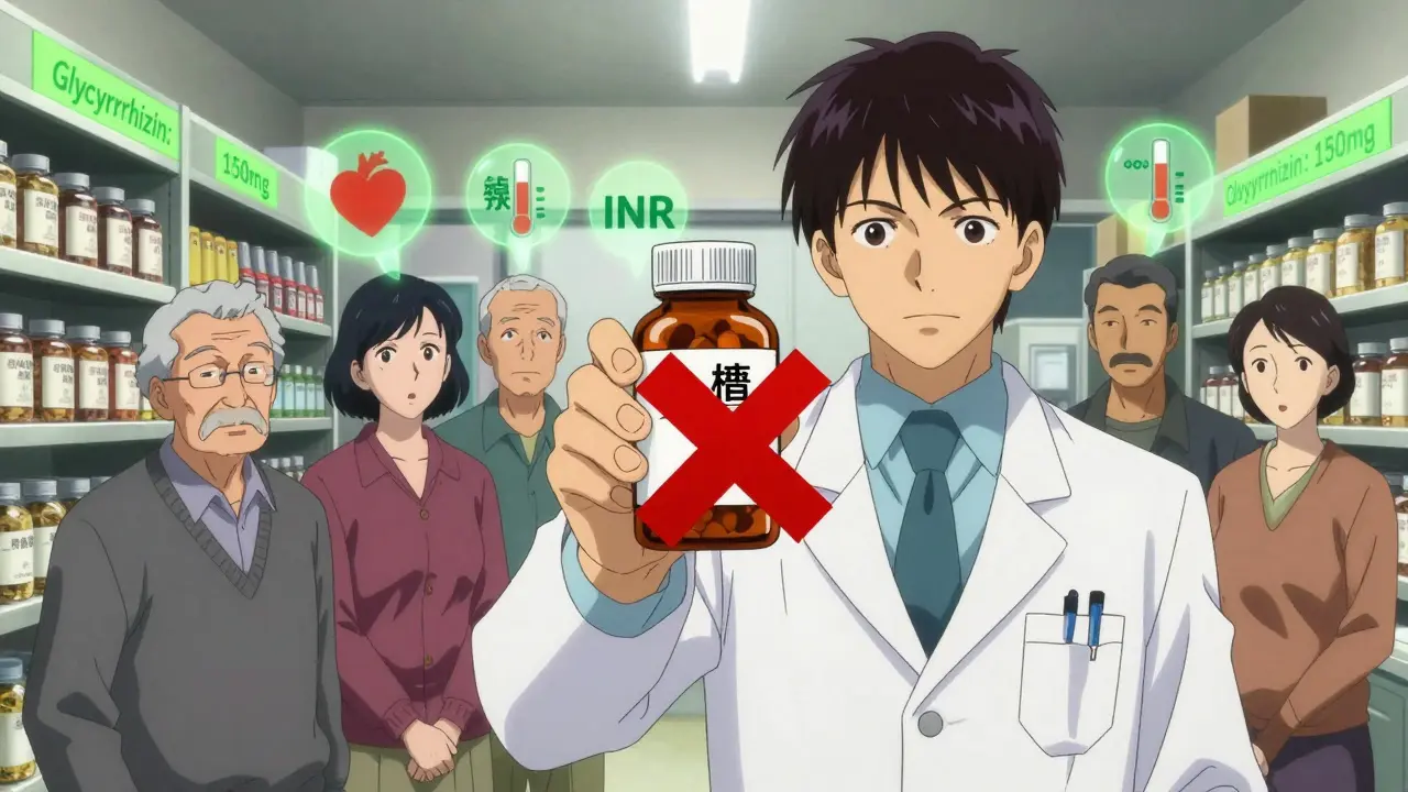 Pharmacist warning patients about unlabeled licorice supplements in a clinic.