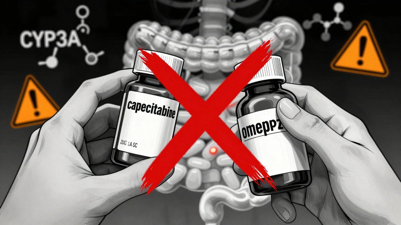Red X over chemotherapy and antacid bottles with abstract digestive tract showing blocked drug absorption.
