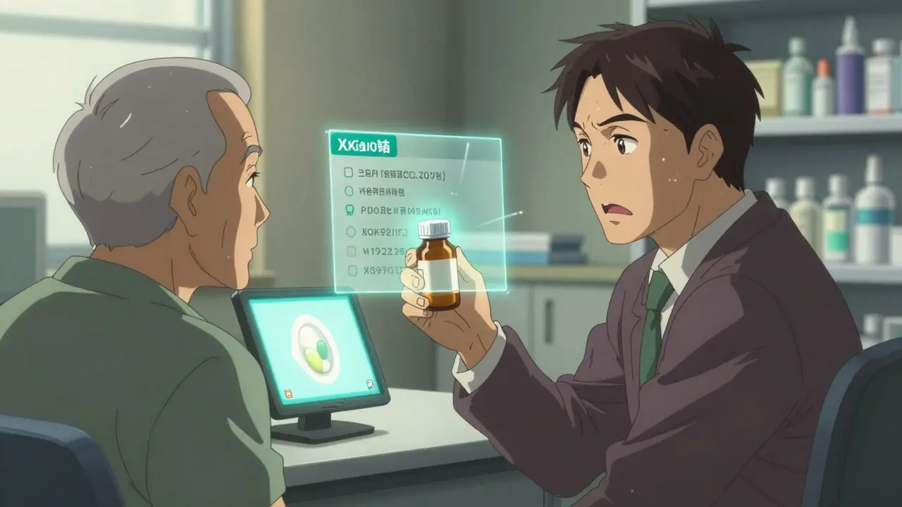 Senior patient holding up a pill bottle during a telehealth medication consultation.