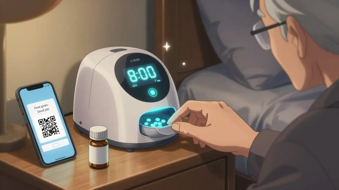 Smart medication dispenser unlocking at night as an elderly person reaches for their dose.