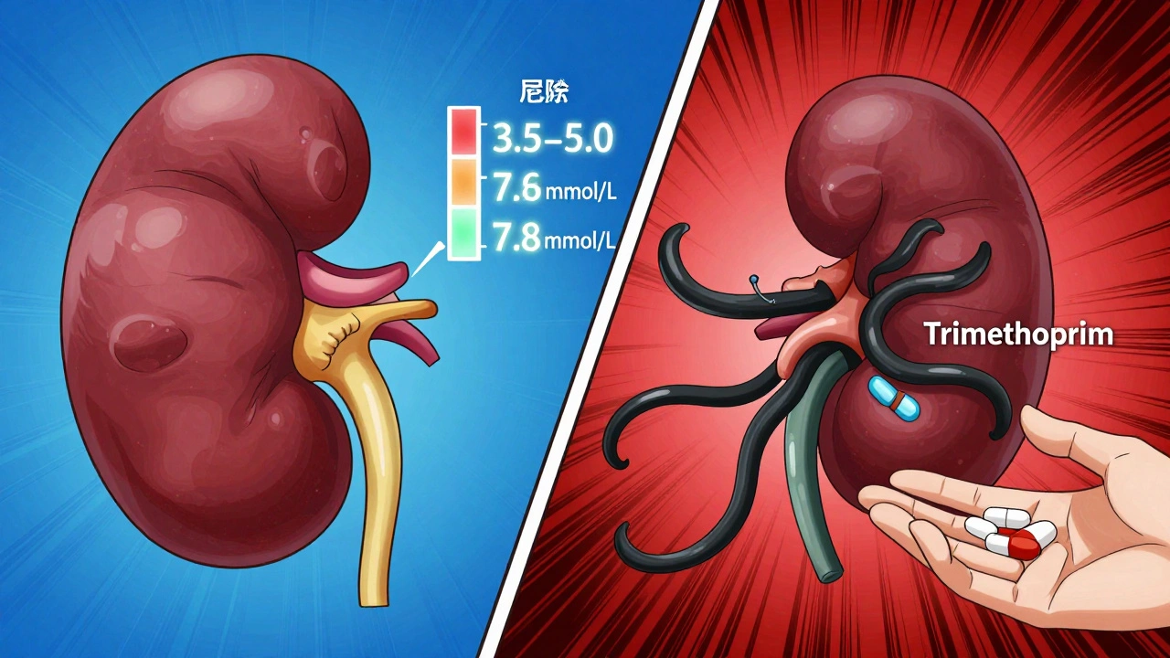 Split image: healthy kidney vs. blocked kidney with trimethoprim, showing potassium buildup and safer alternative pills.