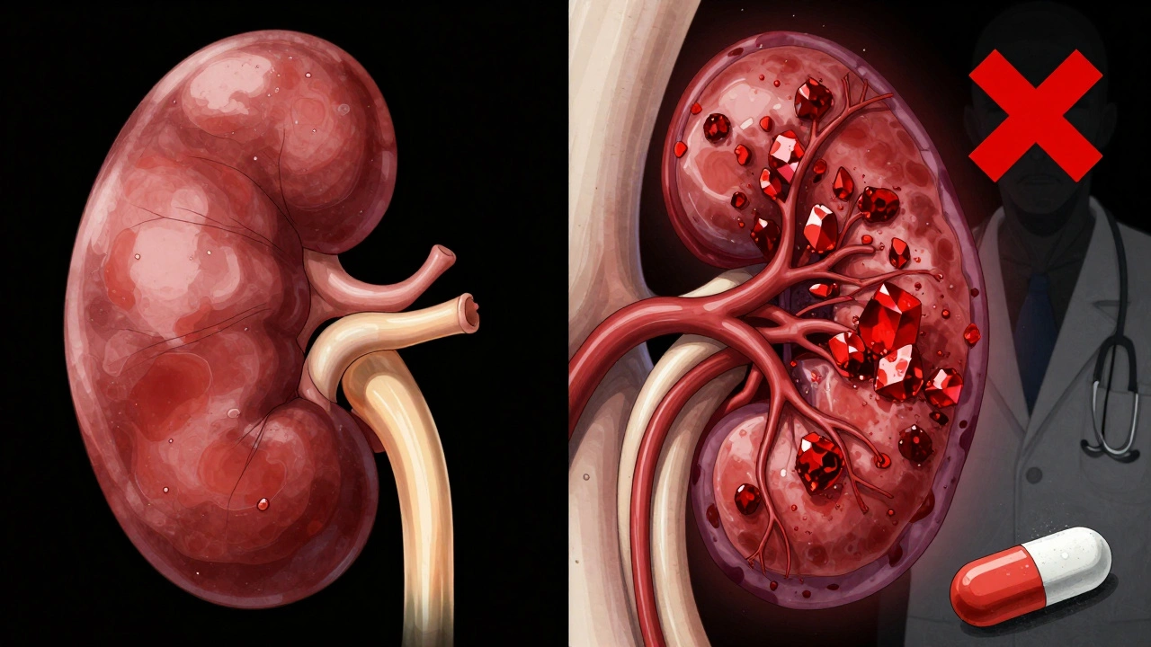 Split image of healthy vs. damaged kidney under NSAID stress, with constricted blood vessels and crystal blockages.