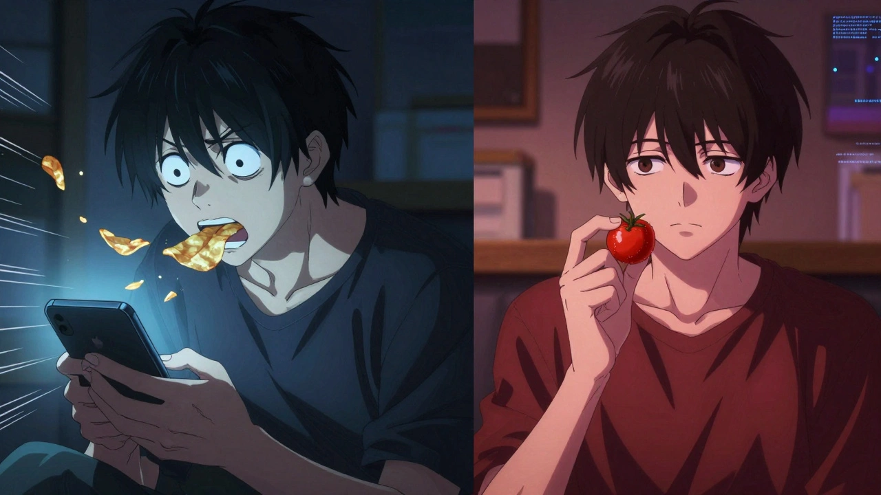 Split scene: chaotic binge-eating vs. calm mindful tasting of a single cherry tomato.