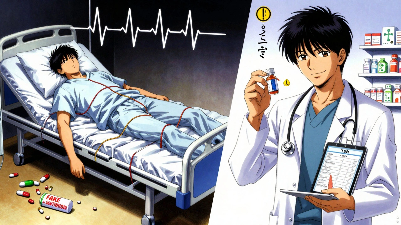 Split scene: one side shows a medical emergency from fake medication, the other shows safe treatment at a licensed pharmacy.
