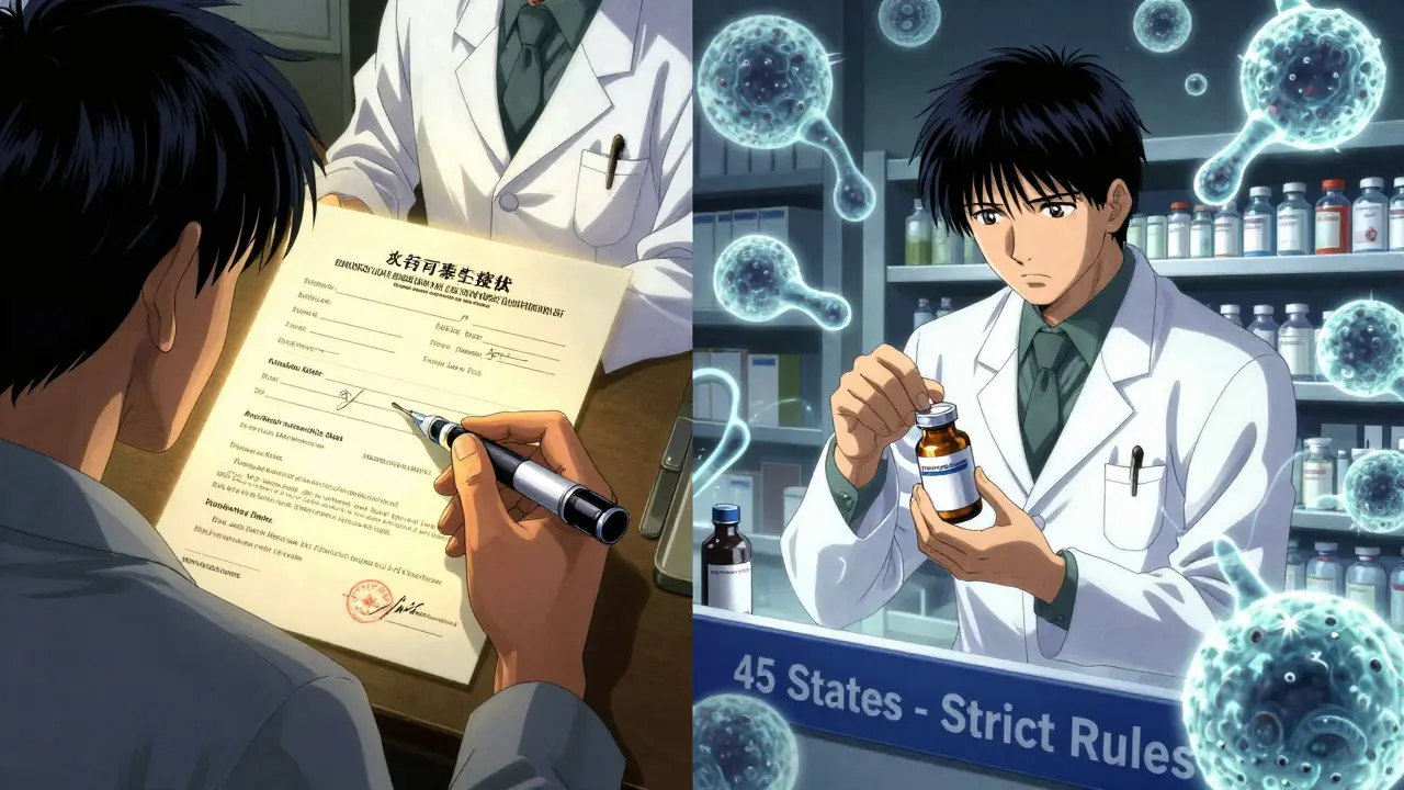 Split scene: patient receives biosimilar insulin vs pharmacist hesitating with generic pill, immune cells swirling.