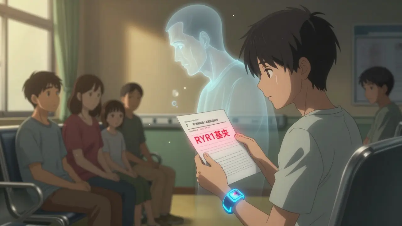 Teen holding RYR1 genetic test result, ghostly memory of past surgery behind them, medical alert bracelet glowing softly in dim waiting room.