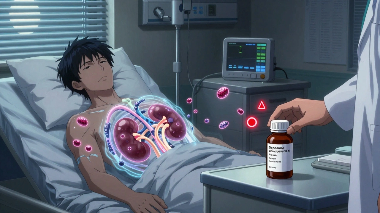 Transplant patient with translucent body showing kidney, cyclosporine molecules drifting away.