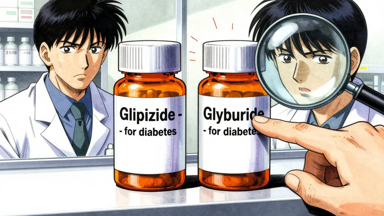 Two similar pill bottles on a pharmacy counter with a pharmacist pointing out their different names.