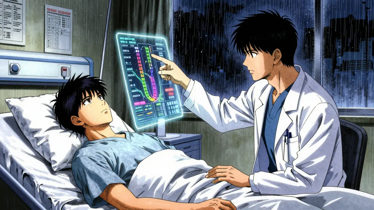 A doctor and patient viewing a holographic gene map showing drug metabolism levels in a hospital room.