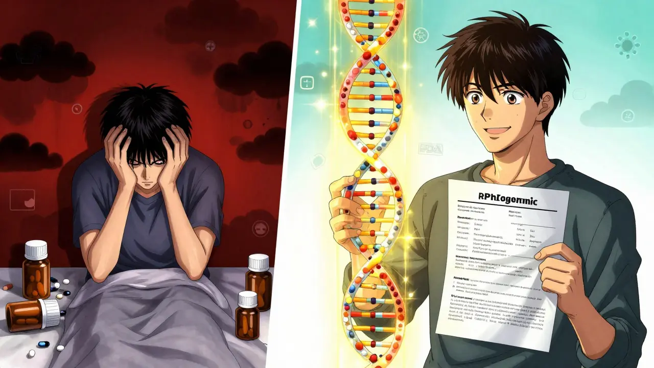 A patient transitioning from chaos with pill bottles to calm with a genetic test report and glowing DNA light.