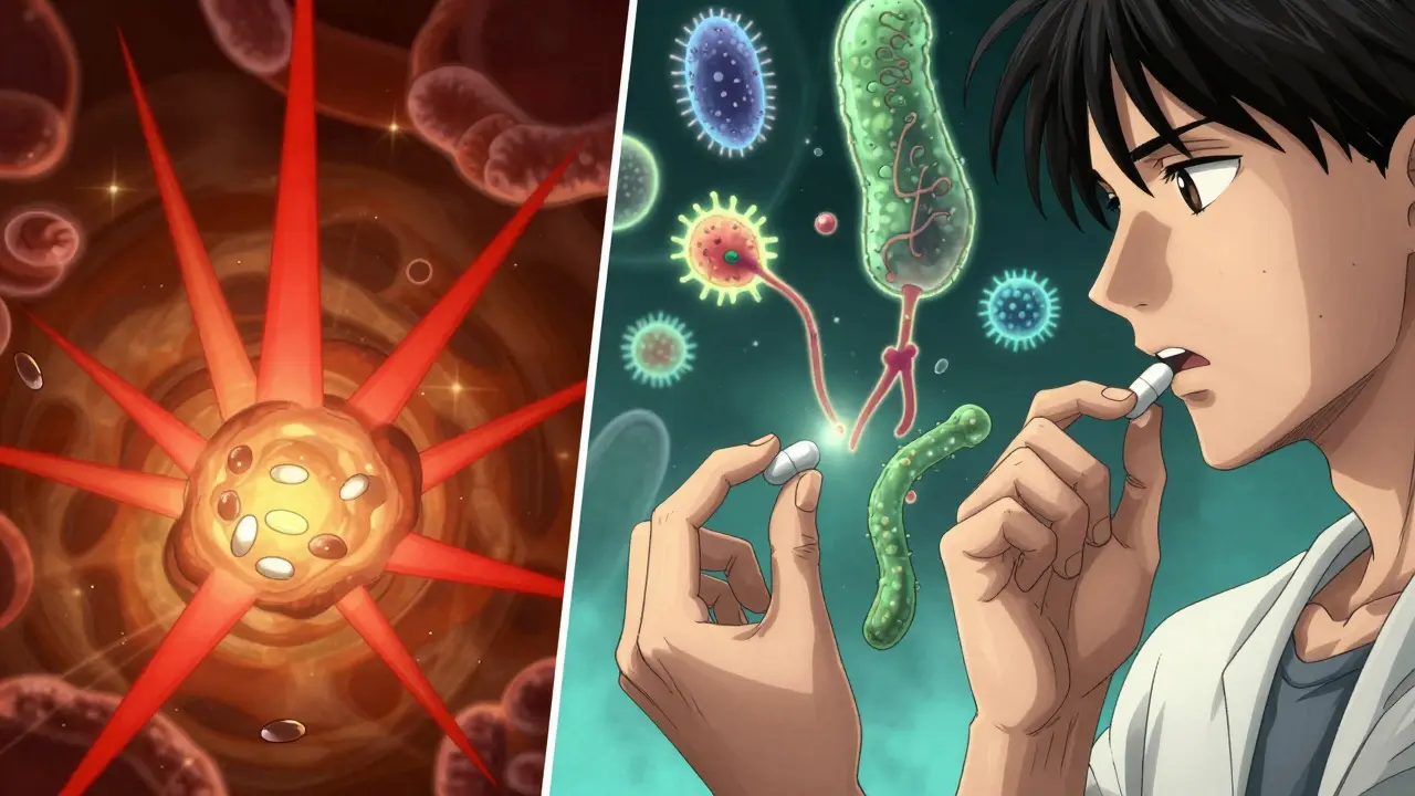 A person taking a probiotic supplement two hours after an antibiotic, with microbial forces depicted in anime style.