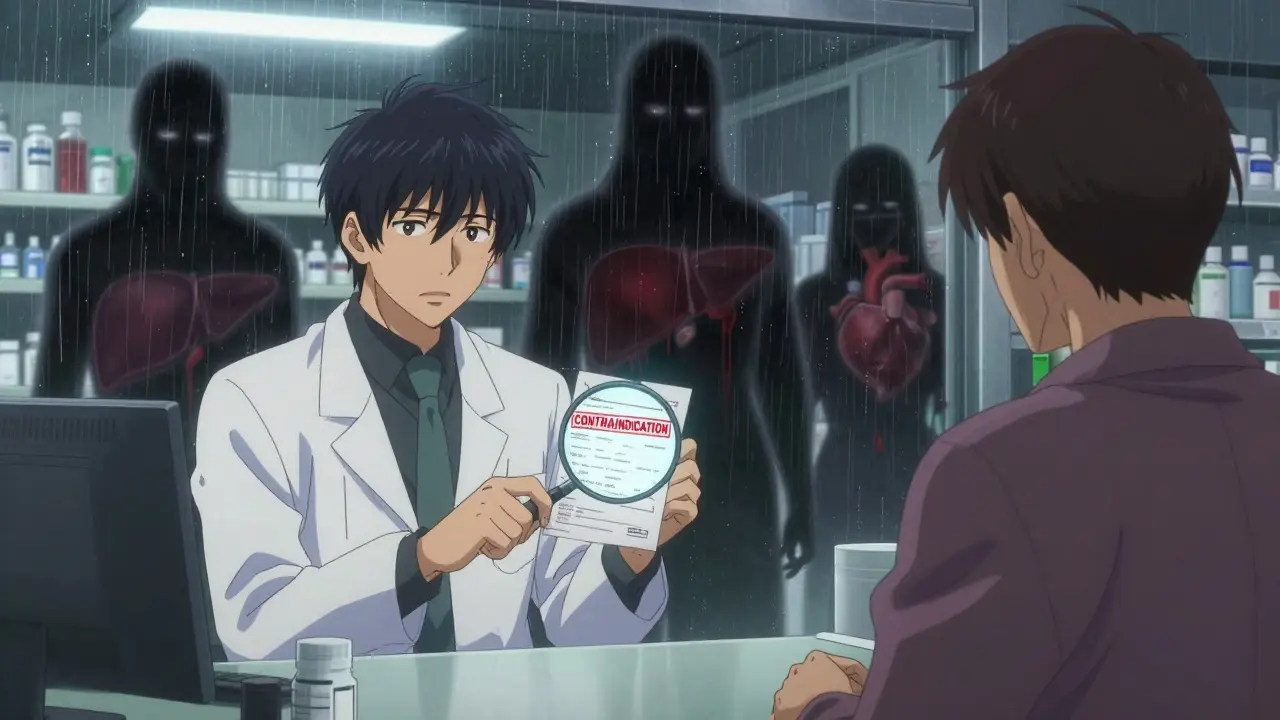 A pharmacist and patient examining a prescription label with glowing contraindication text, shadowy risks looming behind them.