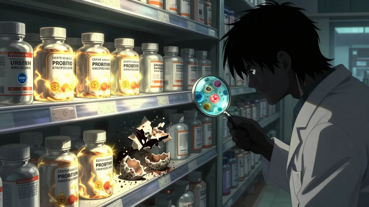 A pharmacy shelf of probiotics, some legitimate with glowing certifications, others crumbling into mold and debris.