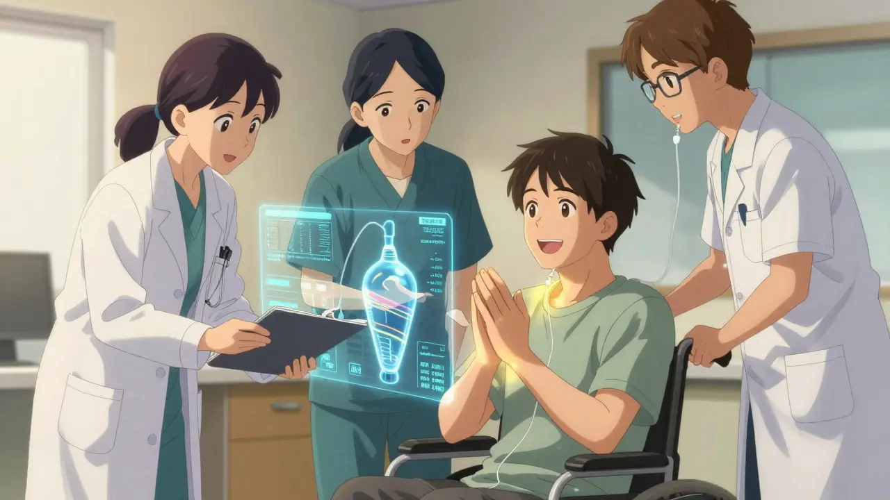ALS care team explaining treatment options using holographic data, patient smiling in wheelchair, warm clinic lighting.