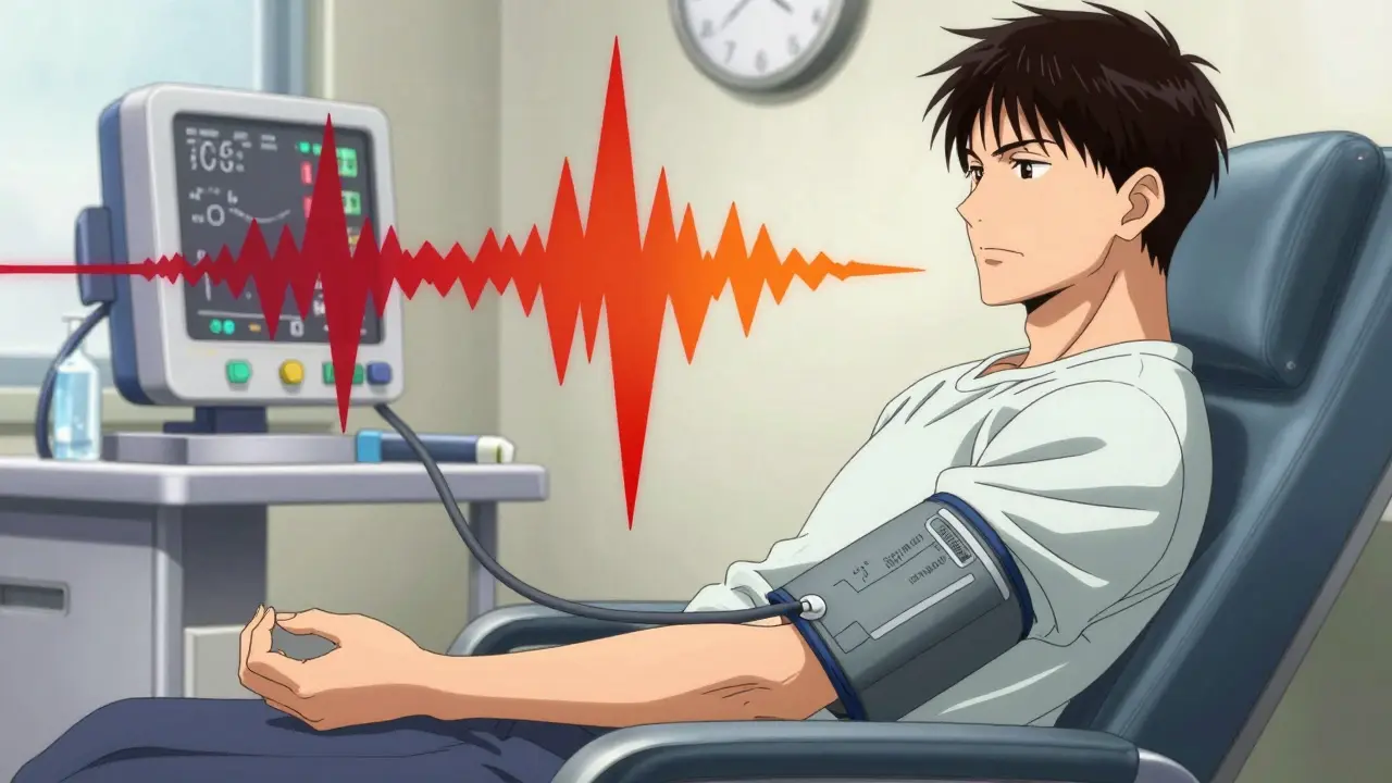 Blood pressure monitor displaying sharp red spikes as a patient sits calmly during treatment.