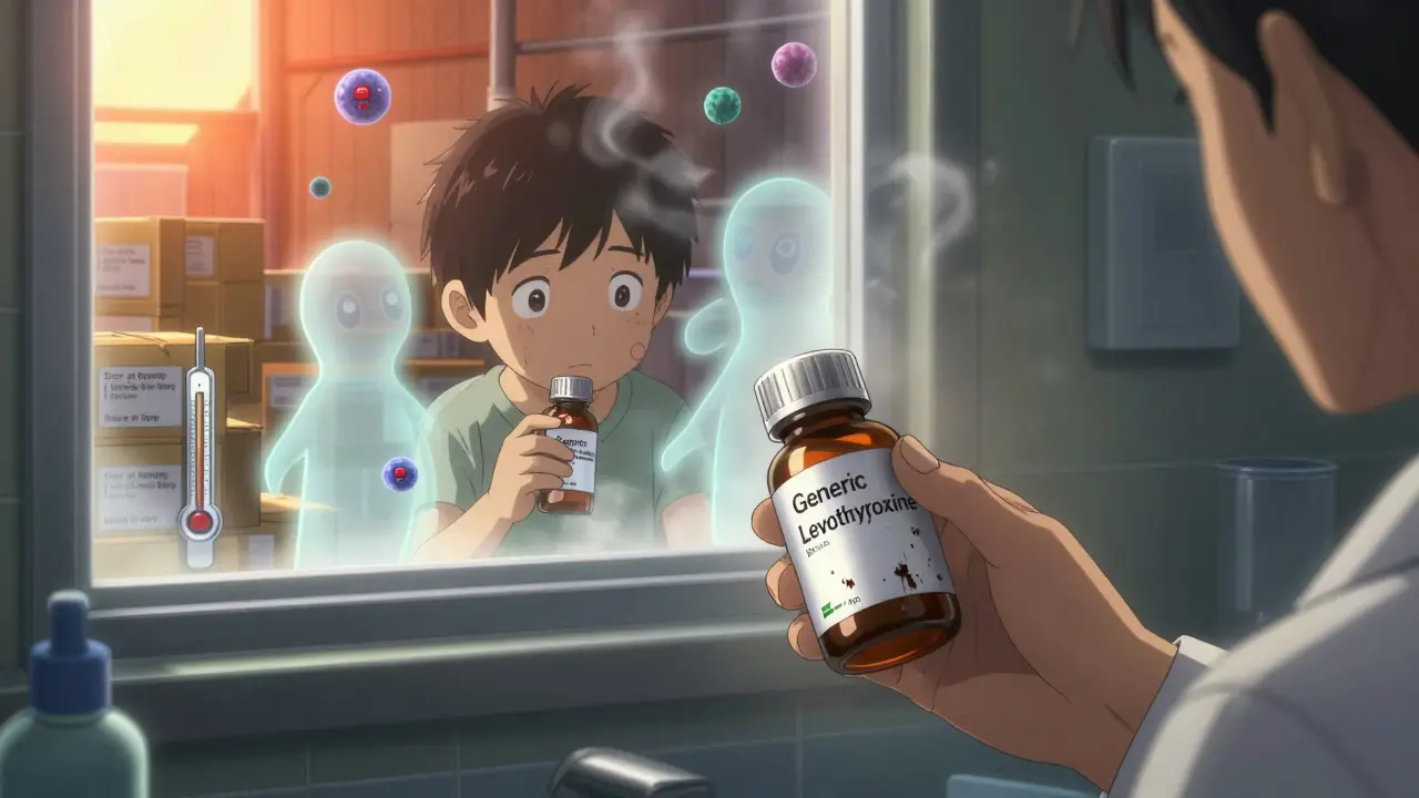Child holding generic thyroid medication in a steamy bathroom as ghostly cells fade, warehouse overheating outside.