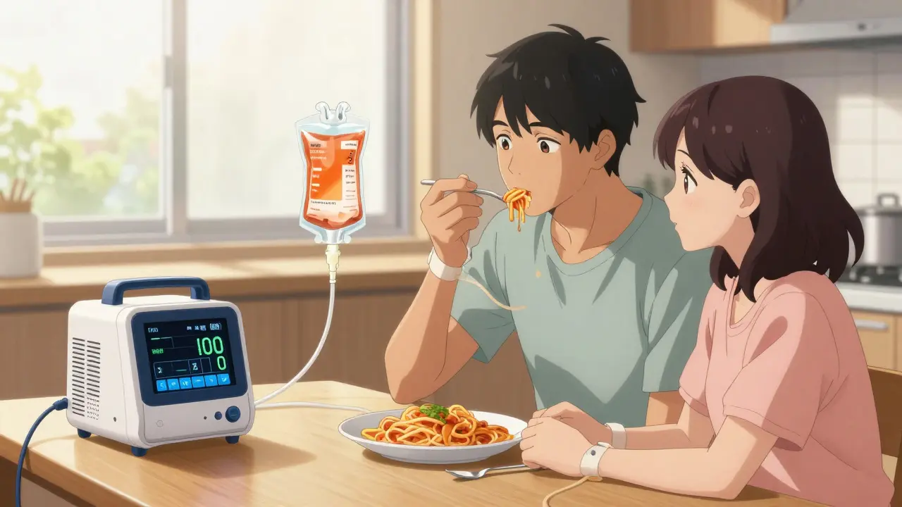 Couple sharing a meal, feeding tube discreetly visible, ventilator on counter, sunlight streaming in, expressions of quiet joy.