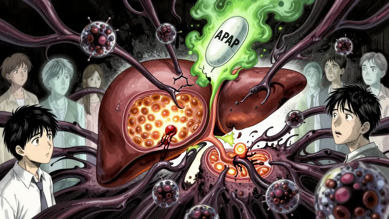 Cross-section of a liver under attack by toxic molecules, with a cracked acetaminophen pill above.