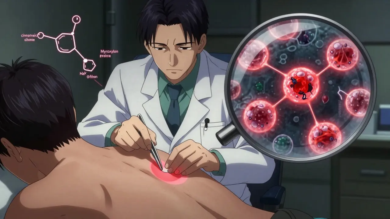 Dermatologist removing patches as microscopic immune cells attack allergen molecules.