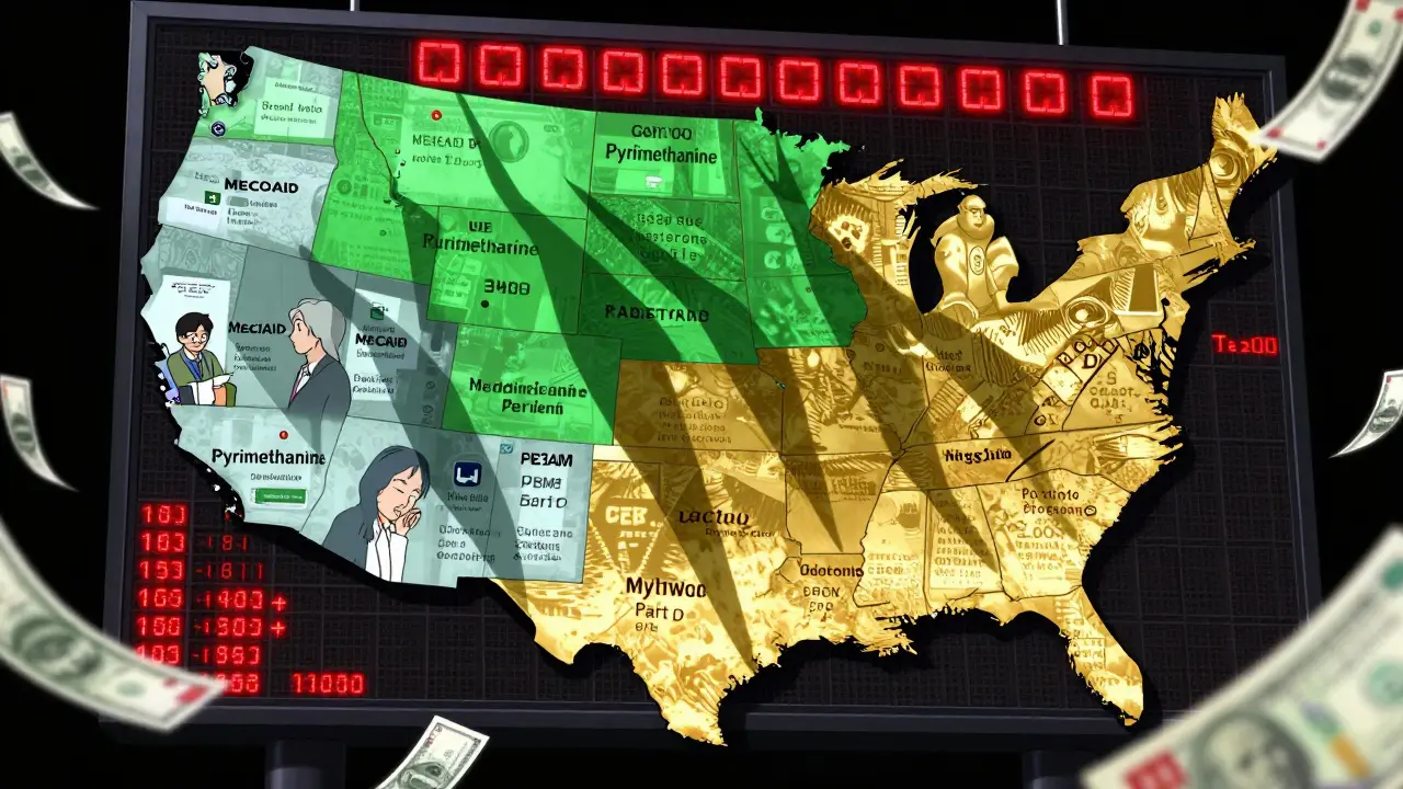 Digital price scoreboard over U.S. map shows generic drug spikes and discount programs.