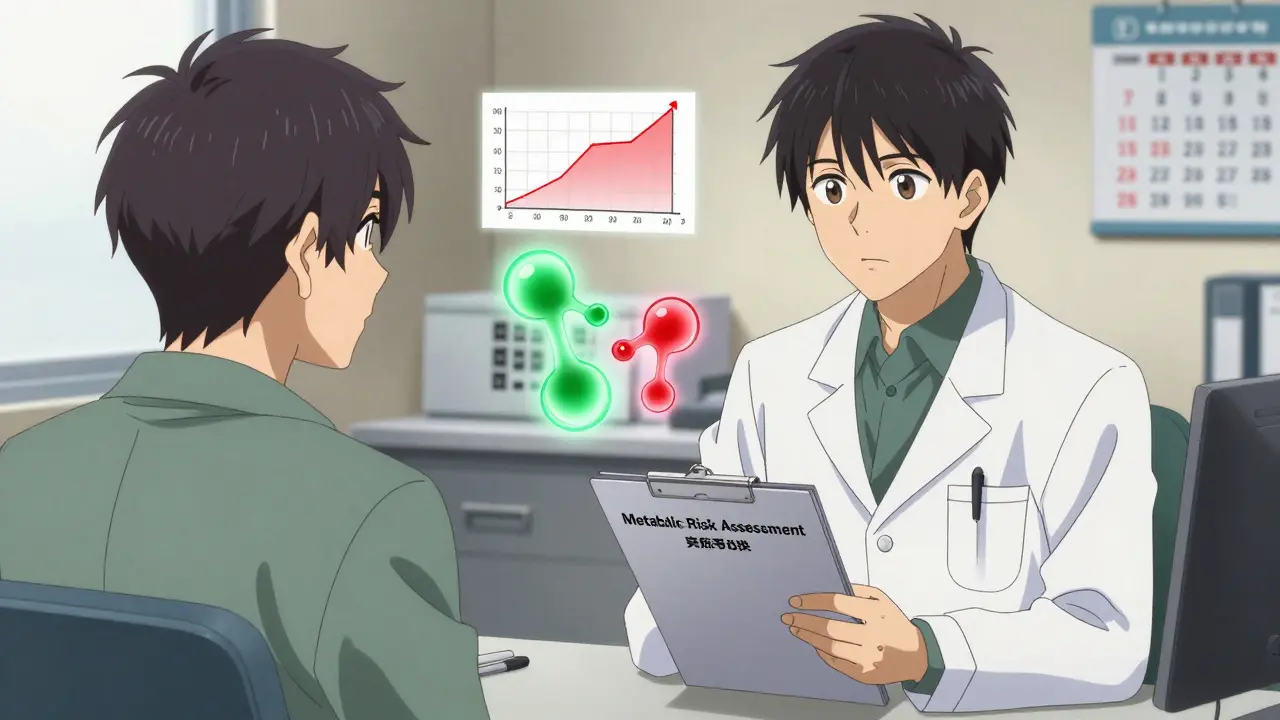 Doctor and patient in office with floating serotonin molecules and weight gain graph showing paroxetine vs other antidepressants.