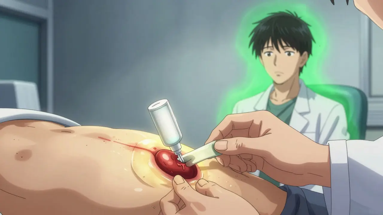 Doctor performing rubber band ligation on hemorrhoid with healing aura, unregulated cream crumbling nearby.