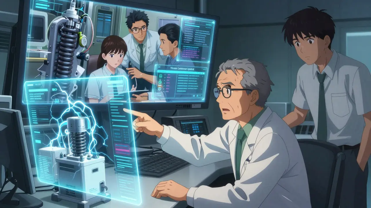 Engineer controls a holographic digital twin of a medical device with real-time sensor data around them.