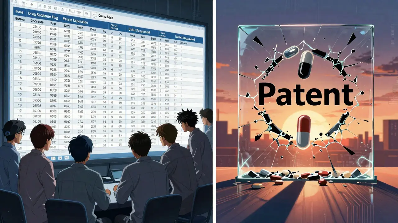 Generic drug team analyzing FDA Orange Book CSV data as a pill breaks through a patent barrier.