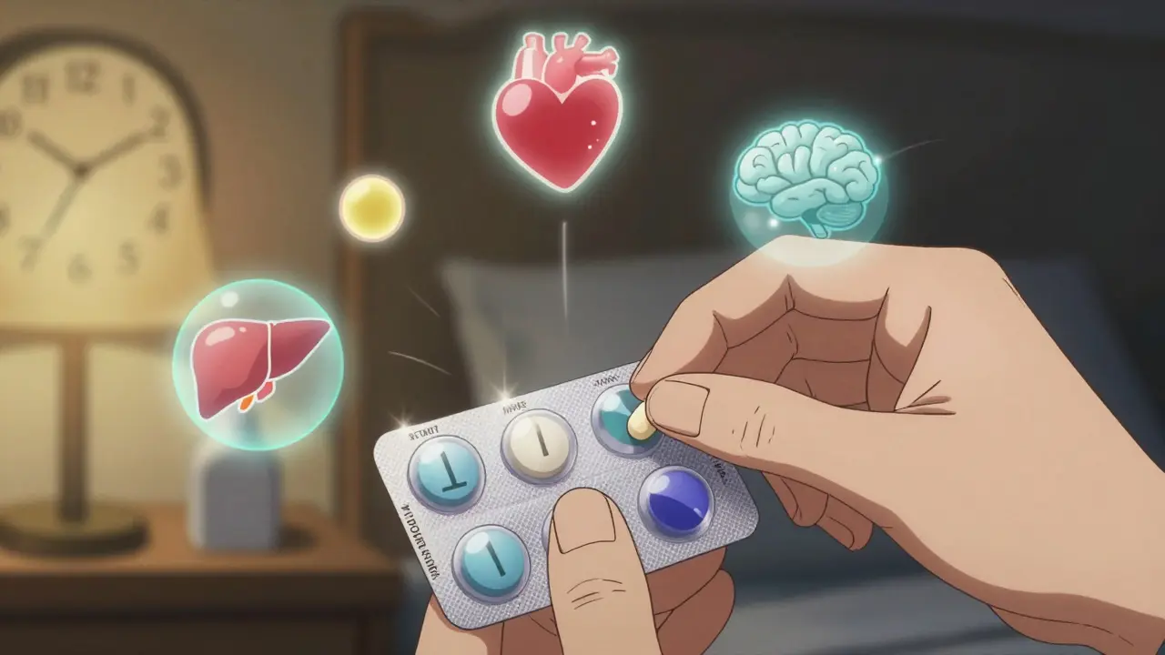 Hand placing pills into labeled weekly blister pack with floating medical symbols above.