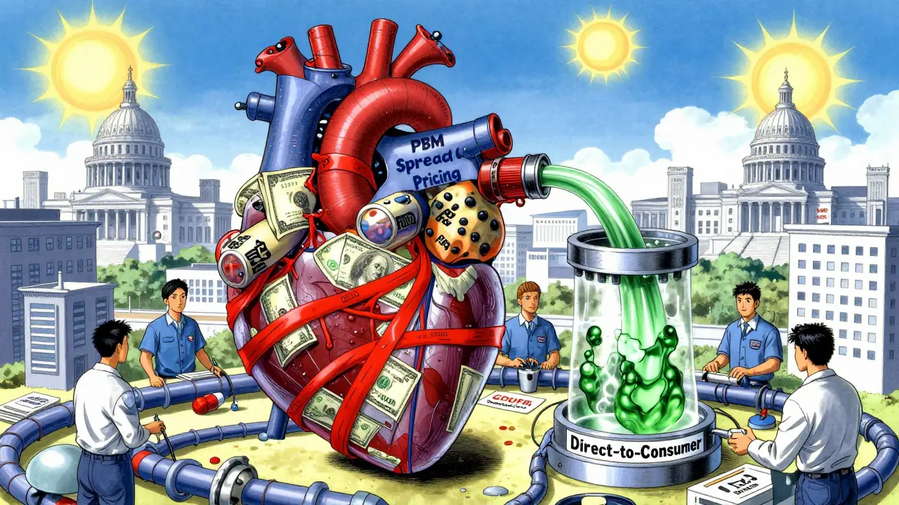 Mechanical heart of drug supply chain with clogged PBM valve and clean direct-payment flow.