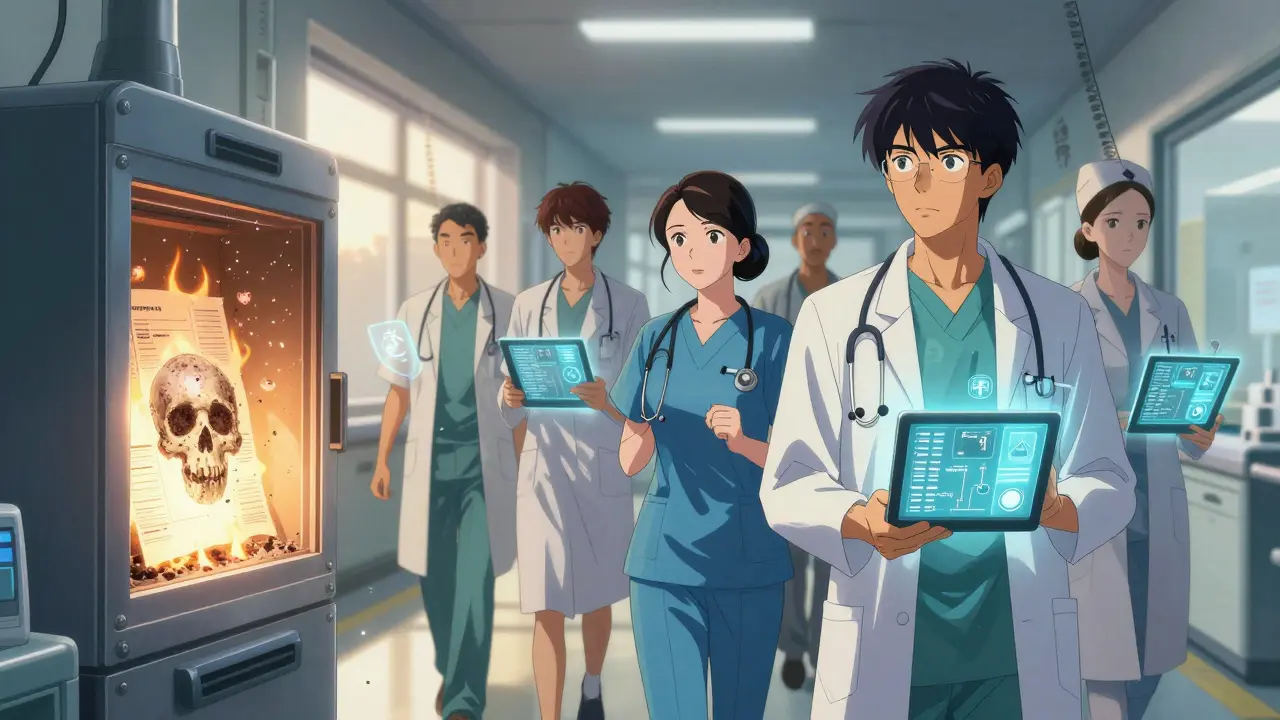 Paper prescriptions burn into a skull while healthcare workers walk forward with holographic e-prescriptions.