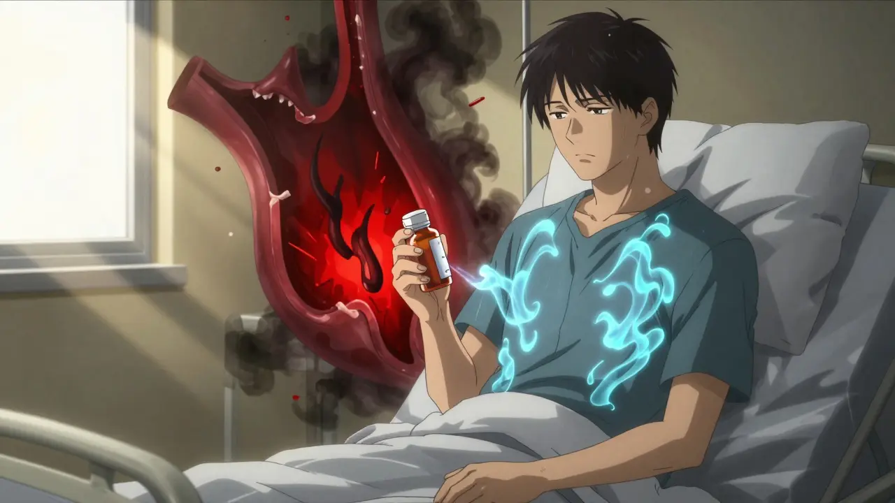 Patient holding beta-blocker medication with visual representation of reduced blood pressure in liver vessels.